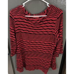 Tianello Women's Large Shirt Red Black Stripe Knit Bold Mod Cozy Scandi Travel